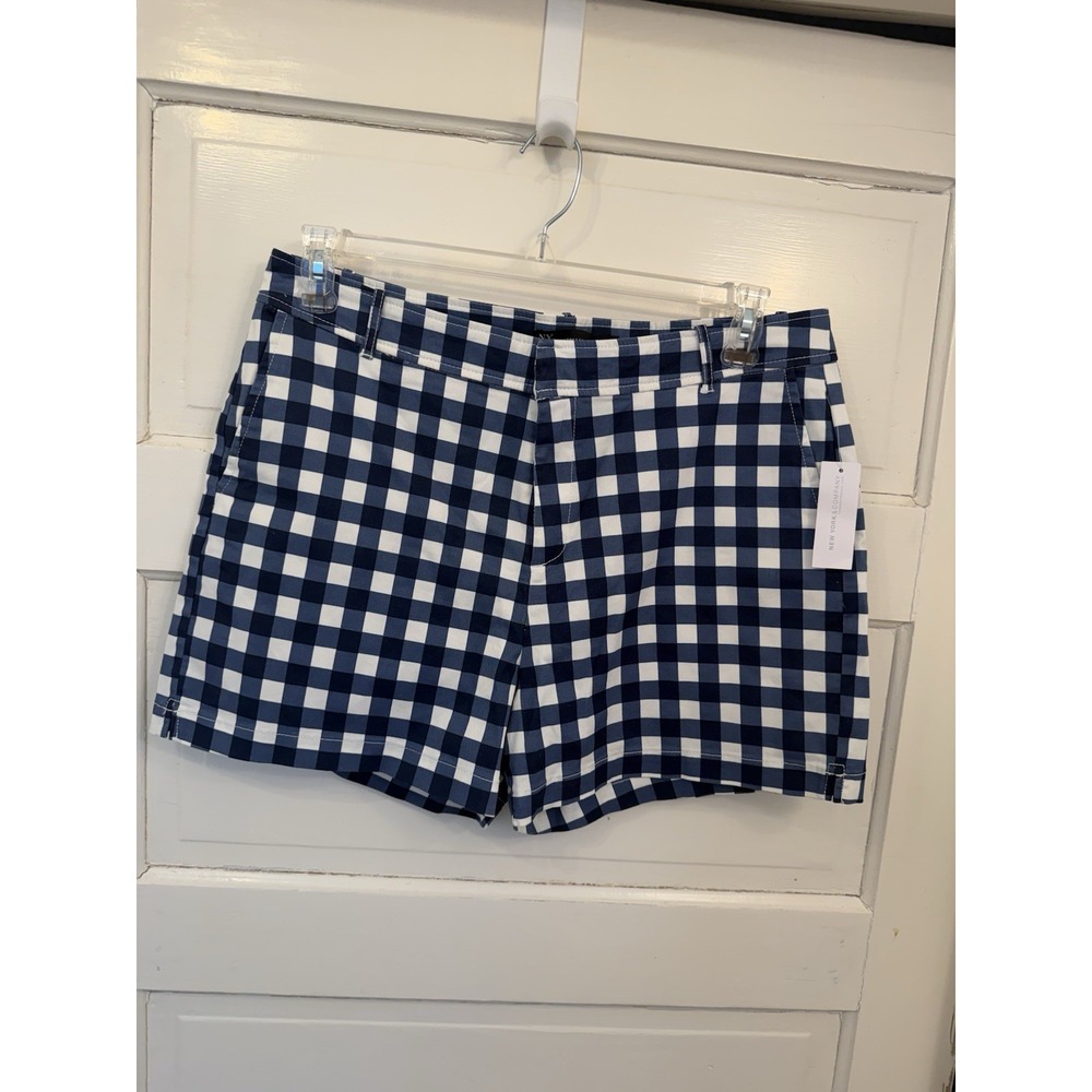 New York & Company Gingham Check Shorts Navy White Women Size 12 NEW